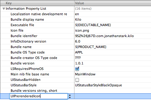 Type UIPrerenderedIcon in the key field