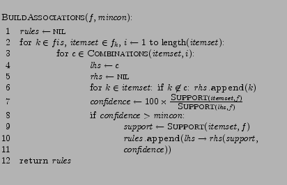 $\textstyle \parbox{0.985\textwidth}{\begin{codebox}
\Procname{$\proc{BuildAssoc...
...
\Indentless
\Indentless
\Indentless
\li \Return $\id{rules}$
\end{codebox}}$