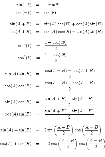 \begin{eqnarray*}
\mr {\sin(-\theta)}{-\sin(\theta)}%
{\cos(-\theta)}{\cos(\thet...
...{-2\cos\left(\frac{A+B}{2}\right)\cos\left(\frac{A-B}{2}\right)}
\end{eqnarray*}