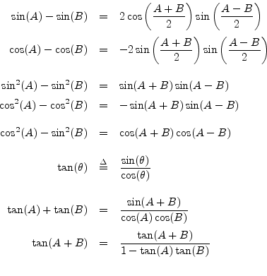 \begin{eqnarray*}
\mr {\sin(A)-\sin(B)}{2\cos\left(\frac{A+B}{2}\right)\sin\left...
...cos(A)\cos(B)}}%
{\tan(A+B)}{\frac{\tan(A+B)}{1-\tan(A)\tan(B)}}
\end{eqnarray*}