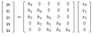 $\displaystyle \left[\begin{array}{c} y_0 \\ [2pt] y_1 \\ [2pt] y_2 \\ [2pt] y_3...
...{array}{c} x_0 \\ [2pt] x_1 \\ [2pt] x_2 \\ [2pt] 0\\ [2pt] 0\end{array}\right]$