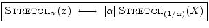 $\displaystyle \zbox {\hbox{\sc Stretch}_\alpha(x) \;\longleftrightarrow\;\left\vert\alpha\right\vert\hbox{\sc Stretch}_{(1/\alpha)}(X)}
$