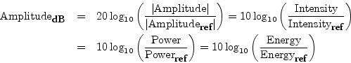 \begin{eqnarray*}
\mbox{Amplitude}_{\mbox{\small dB}} &=&
20\log_{10}\left(\fra...
...t(\frac{\mbox{Energy}}{\mbox{Energy}_{\mbox{\small ref}}}\right)
\end{eqnarray*}