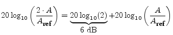 $\displaystyle 20\log_{10}\left(\frac{2 \cdot A}{A_{\mbox{\small ref}}}\right)
=...
...2)}_{\mbox{$6$\ dB}}
+ 20\log_{10}\left(\frac{A}{A_{\mbox{\small ref}}}\right)
$