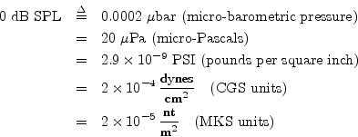 \begin{eqnarray*}
\mbox{$0$\ dB SPL} &\isdef & \mbox{0.0002 $\mu$bar (micro-baro...
...c{\mbox{\small nt}}{\mbox{\small m}^2}
\quad\mbox{(MKS units)}
\end{eqnarray*}