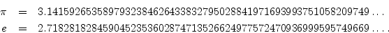 \begin{eqnarray*}
\pi &=& 3.1415926535897932384626433832795028841971693993751058...
...82818284590452353602874713526624977572470936999595749669\dots\,.
\end{eqnarray*}