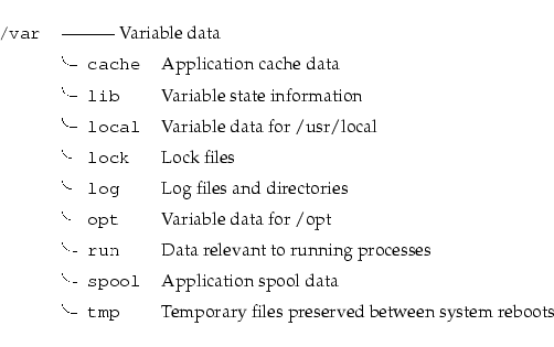 \begin{longtable}[l]{r l l}
\par {\tt {}/var} & \multicolumn{2}{l}{--------- Var...
...t {}~tmp} & Temporary files preserved between system reboots \\
\end{longtable}