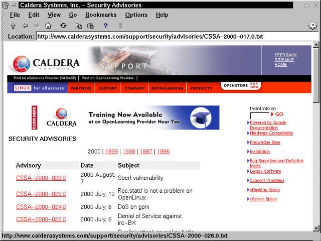 The Caldera Security Advisories Web page - visit it often!