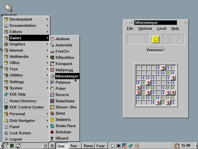 The OpenLinux KDE Games sub-menu, along with a version of Minesweeper.
