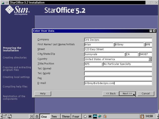 StarOffice User Installation following a Network Installation: Enter User Data.
