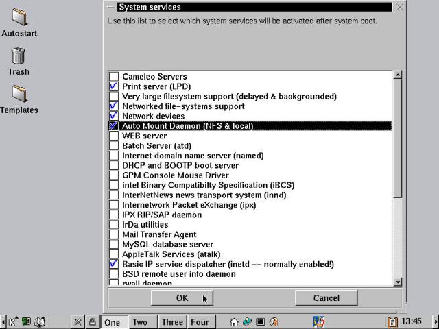 The COAS System services dialog box: select the system daemons to run at boot.