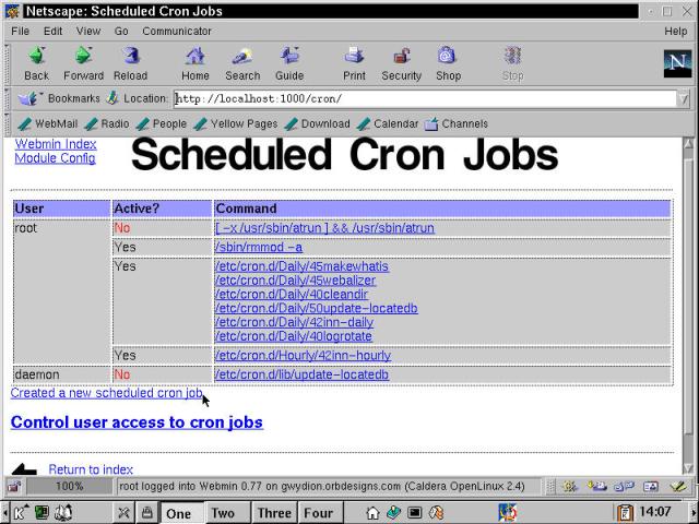 The Webmin Scheduled Cron Jobs module allows you to edit existing jobs or create new ones.