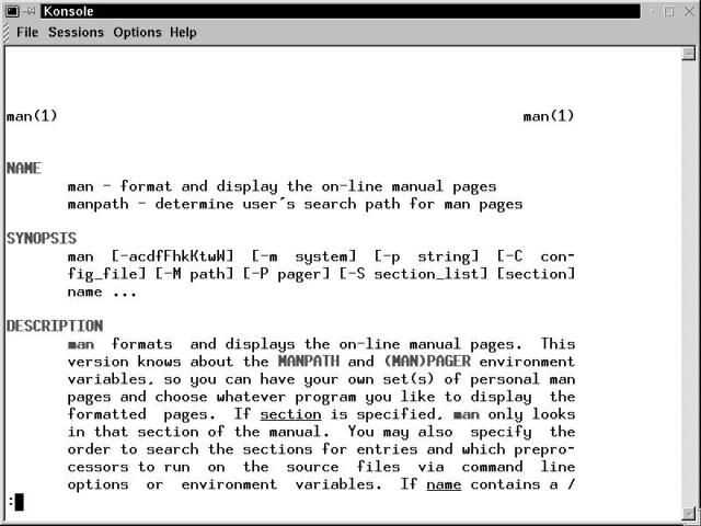 The man manual page displayed in a Konsole terminal window