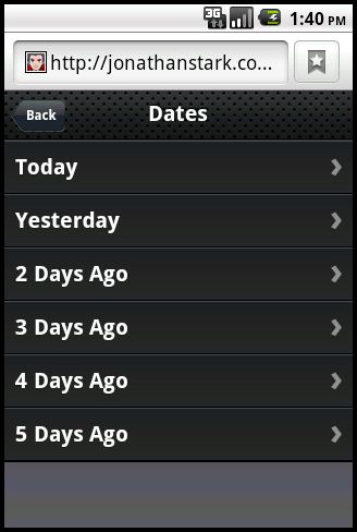 The Dates panel consists of a toolbar with a back button and a clickable list of relative dates.
