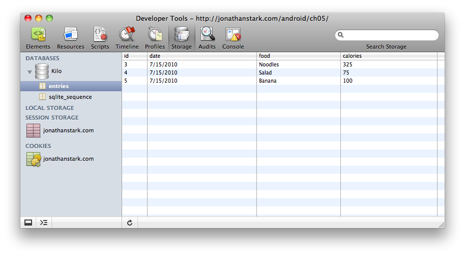 The Storage tab in Chrome’s Developer Tools with some test records displayed.