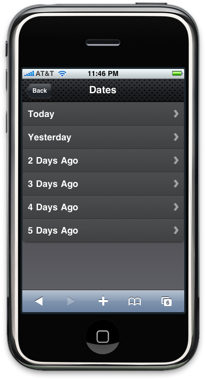 The Dates panel consists of a toolbar with a back button and a clickable list of relative dates