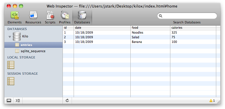The Databases tab in Safari’s Web Inspector with some test records displayed