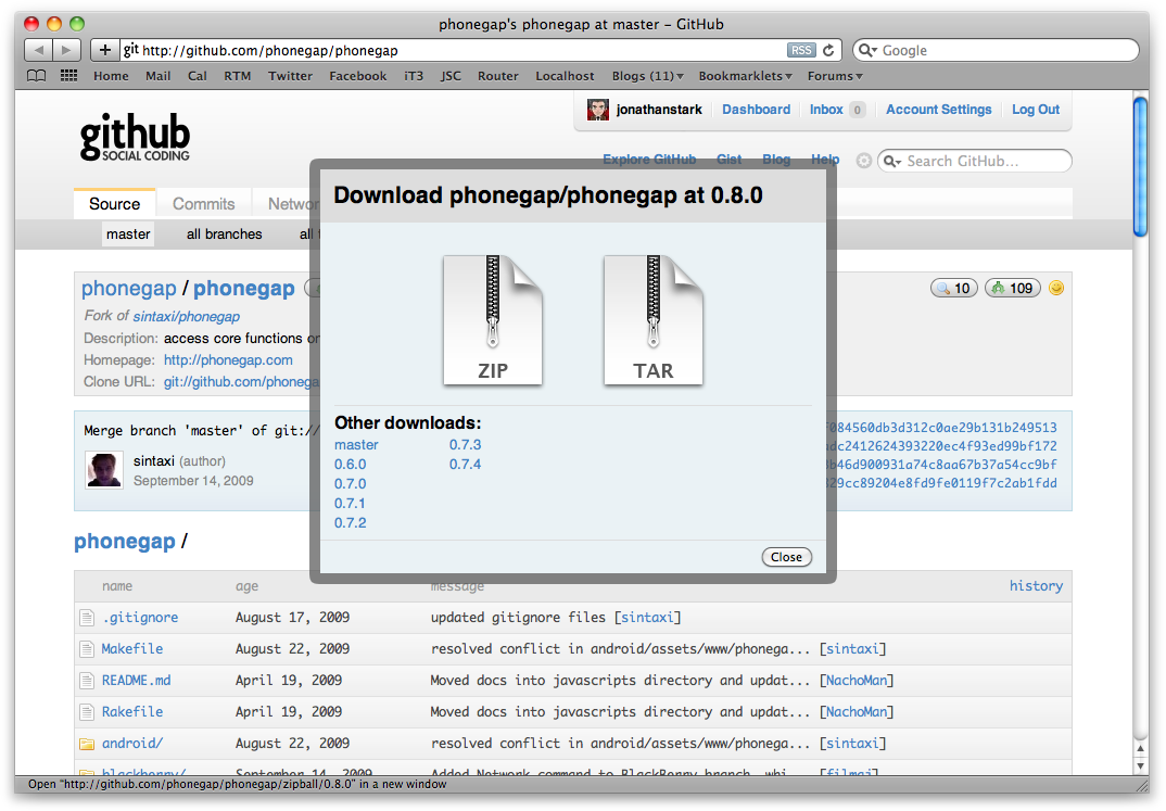 Download the latest version of PhoneGap from GitHub