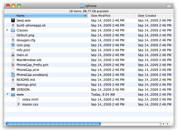 PhoneGap’s iPhone subdirectory contains starter files for an Xcode project