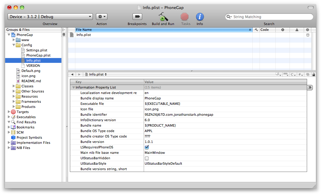 Select Config/Info.plist in the Groups & Files panel of the main Xcode window