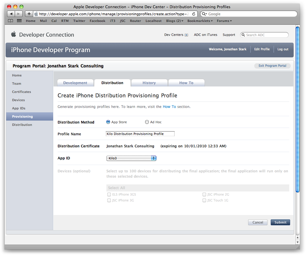 Create a distribution provisioning profile in the iPhone developer portal