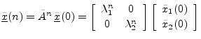 $\displaystyle \underline{{\tilde x}}(n) = \tilde{A}^n\,\underline{{\tilde x}}(0...
...t[\begin{array}{c} {\tilde x}_1(0) \\ [2pt] {\tilde x}_2(0) \end{array}\right]
$