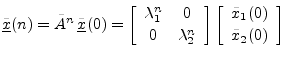 $\displaystyle \underline{{\tilde x}}(n) = \tilde{A}^n\,\underline{{\tilde x}}(0...
...t[\begin{array}{c} {\tilde x}_1(0) \\ [2pt] {\tilde x}_2(0) \end{array}\right]
$