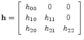 $\displaystyle \mathbf{h}= \left[\begin{array}{ccc}
h_{00} & 0 & 0\\ [2pt]
h_{10} & h_{11} & 0\\ [2pt]
h_{20} & h_{21} & h_{22}
\end{array}\right]
$