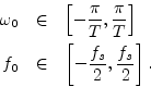 \begin{eqnarray*}
\omega_0 &\in& \left[-\frac{\pi}{T},\frac{\pi}{T}\right]\\
f_0&\in& \left[-\frac{f_s}{2},\frac{f_s}{2}\right].
\end{eqnarray*}
