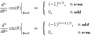\begin{eqnarray*}
\left.\frac{d^n}{d\theta^n}\cos(\theta)\right\vert _{\theta=0}...
...} \\ [5pt]
0, & n\;\mbox{\small even}. \\
\end{array} \right.
\end{eqnarray*}