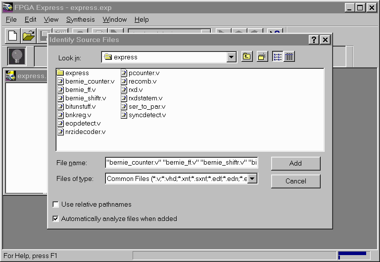  Figure 7-	Adding HDL files to a FPGA Express Project